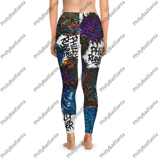 Philly Runner Graffiti Print Leggings. It's like the graffiti on the El, but on your leggings. Trendy Activewear, Street Style Apparel, Fitness Leggings, Unique Workout Pants, Vibrant Fashion