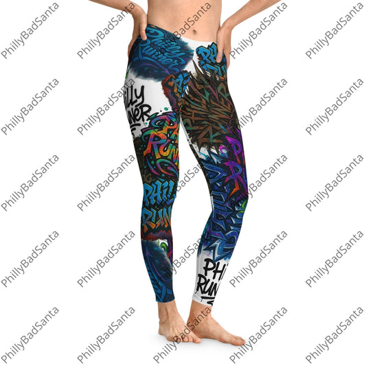 Philly Runner Graffiti Print Leggings. It's like the graffiti on the El, but on your leggings. Trendy Activewear, Street Style Apparel, Fitness Leggings, Unique Workout Pants, Vibrant Fashion