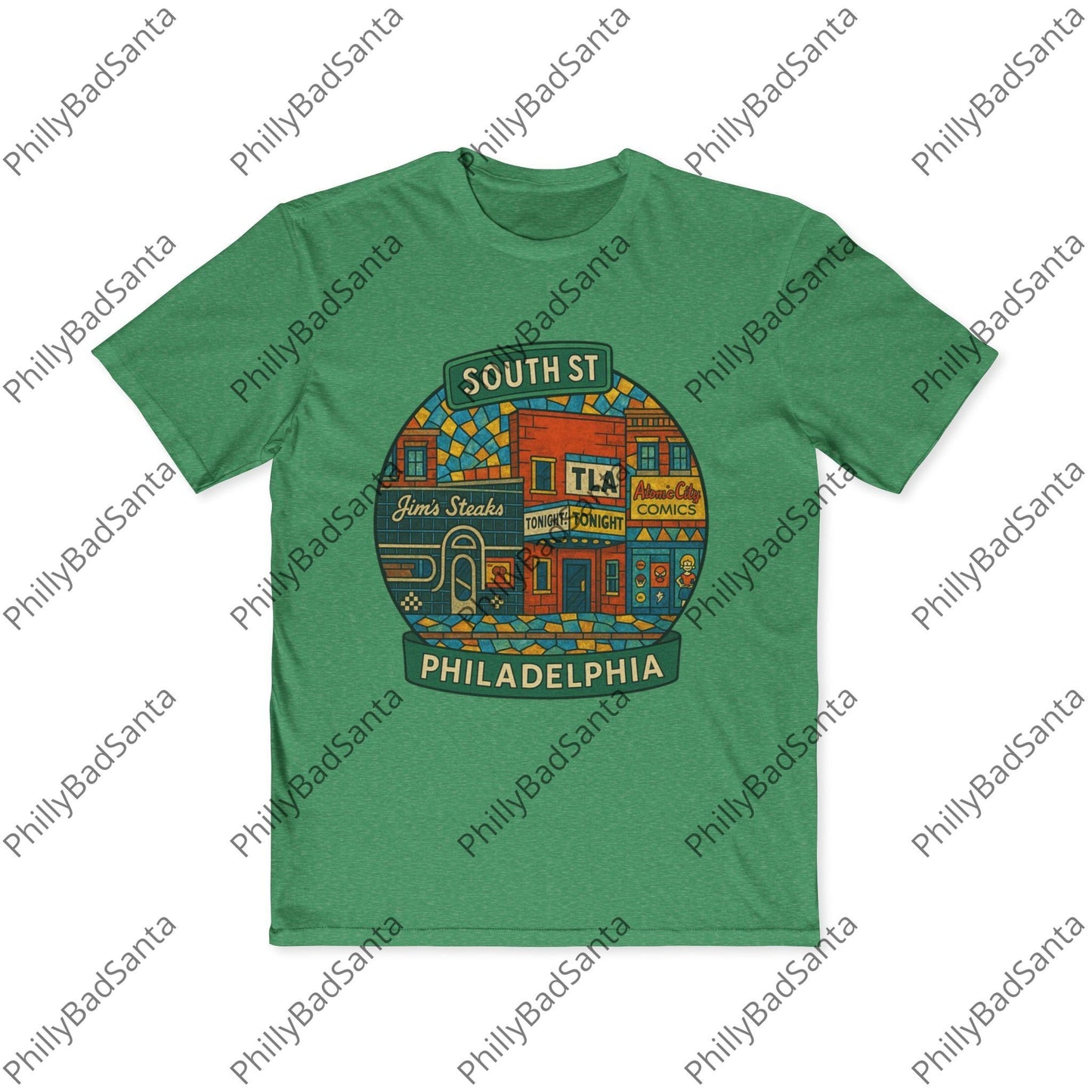 South Street, Philadelphia T-shirt. Jim's Steaks, TLA, Atomic Comics, Magic Gardens, Philly Style