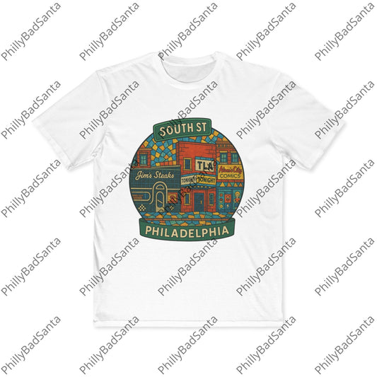 South Street, Philadelphia T-shirt. Jim's Steaks, TLA, Atomic Comics, Magic Gardens, Philly Style