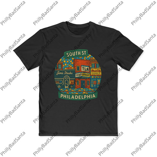 South Street, Philadelphia T-shirt. Jim's Steaks, TLA, Atomic Comics, Magic Gardens, Philly Style